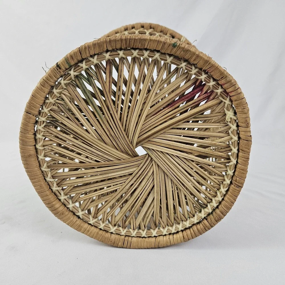 Vintage Boho Wicker Rattan Drum Planter Trash Can Mini Table Mid-Century Modern